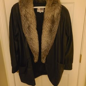 Black Leather Jacket with Faux Fur Trim